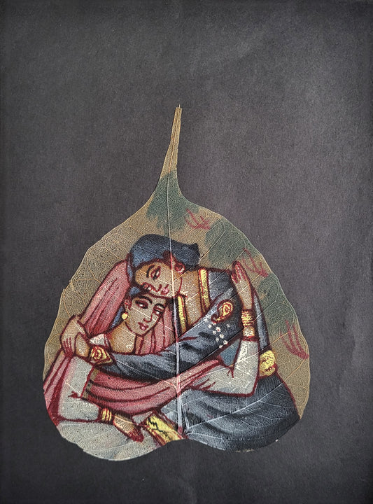 INSAIN - Handmade Indian Leaf Painting - Romantic Couple Portrait - Pipal Leaf Art (9 * 6.5 inch)