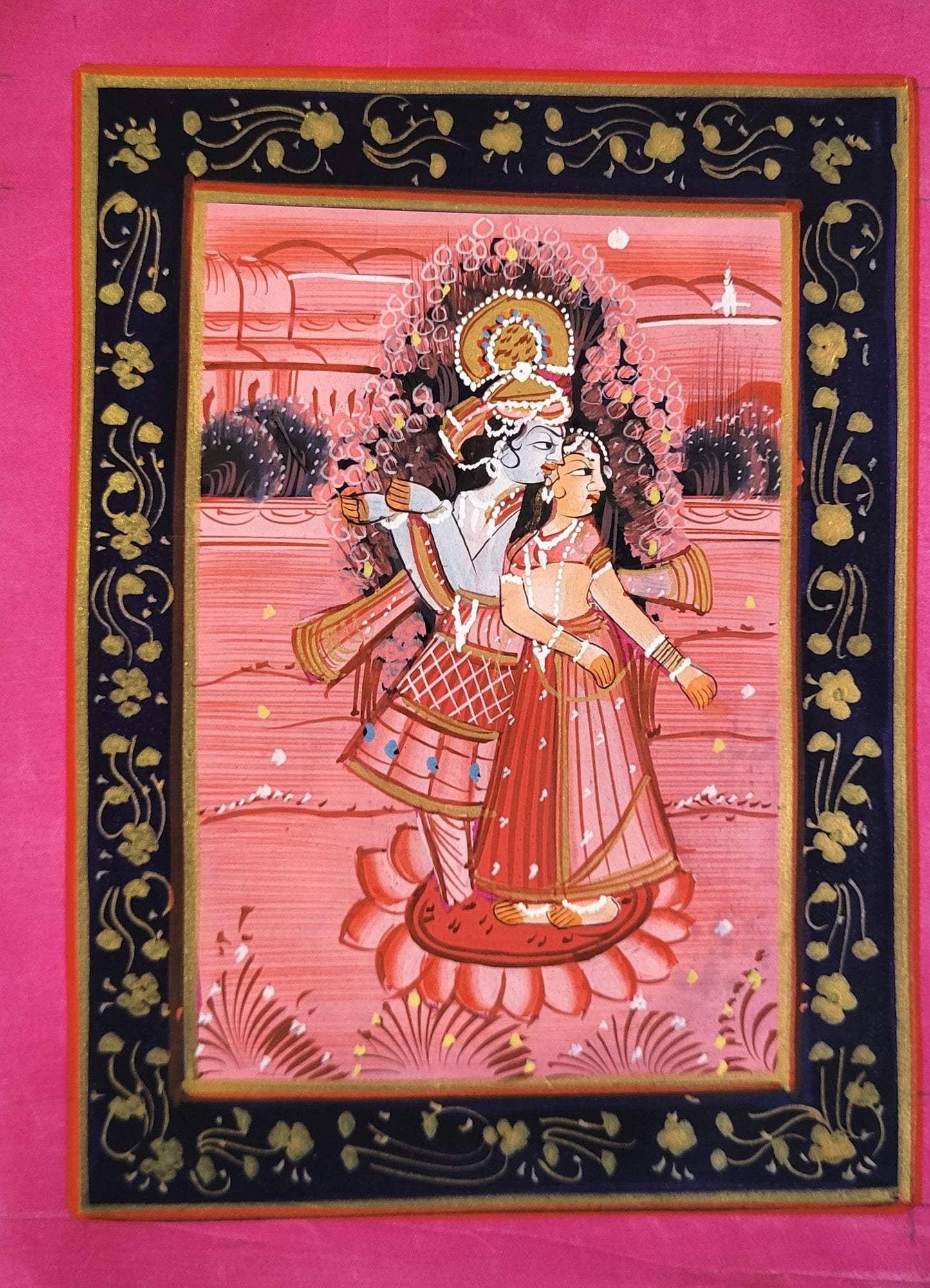 Eternal Dance of Love - Radha Krishna Ras Leela Painting-Fabric Painting- Lord Krishna Painting (9*6.5 inch)(Unframed)