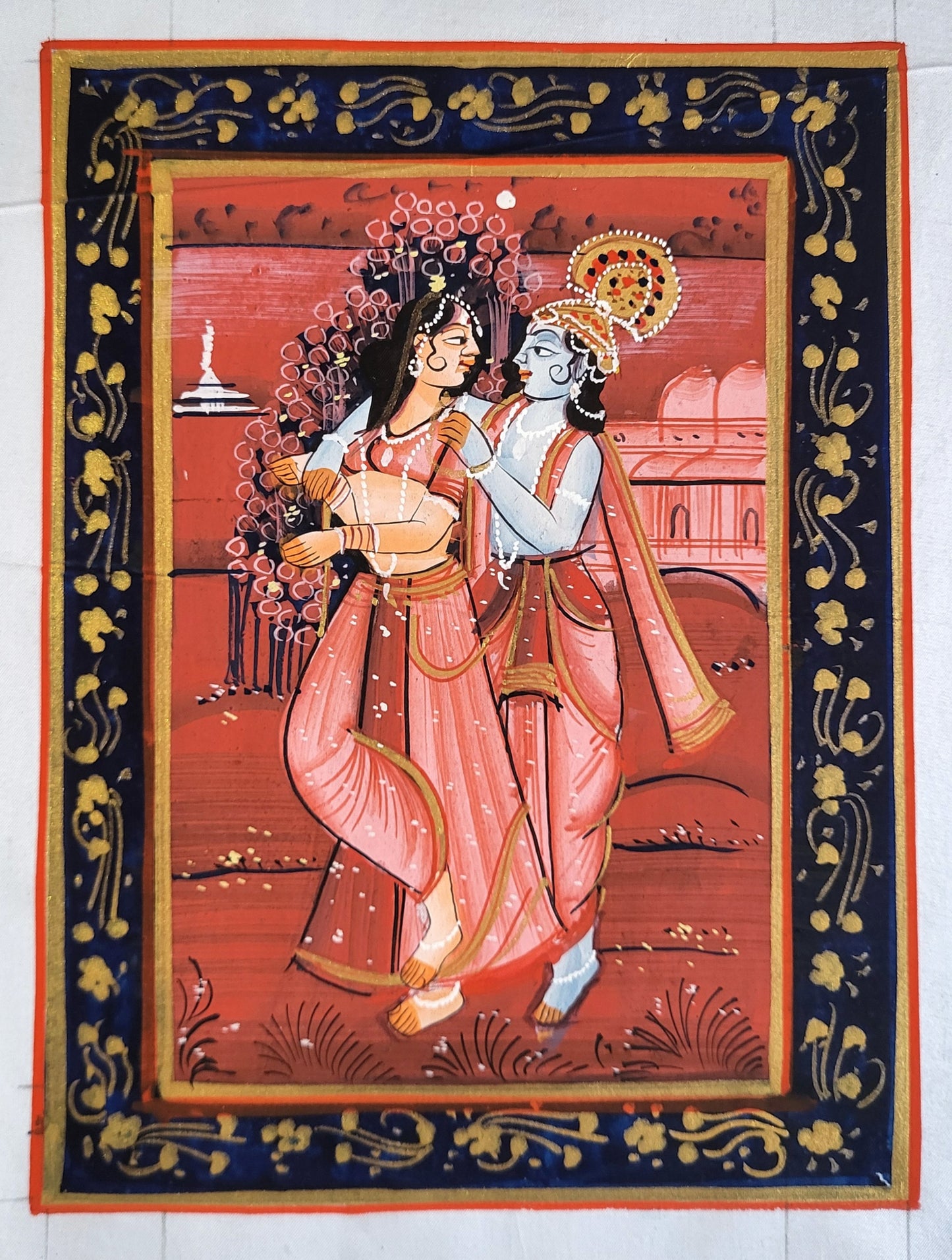Eternal Dance of Love - Radha Krishna Ras Leela Painting-Fabric Painting- Lord Krishna Painting (9*6.5 inch)(Unframed)