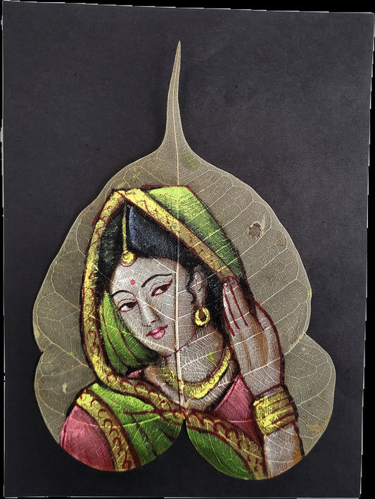 Handmade Indian Leaf Painting - Traditional Woman Portrait - Pipal Leaf Art (9*6.5 inch) (Unframed)