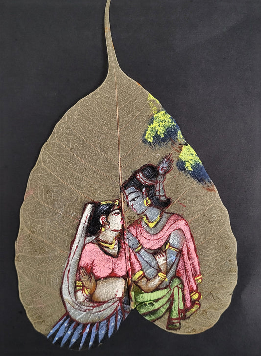 Radha_Krishna_Art,Ras_Leela_Painting,Divine_Love,Handcrafted_Artwork,Spiritual_Dance,Soulful_Expression,Eternal_Bond,Indian_Folk_Art,Romantic_Canvas,Cultural_Heritage,Indian_leaf_painting,Pipal_leaf_art,miniature_painting