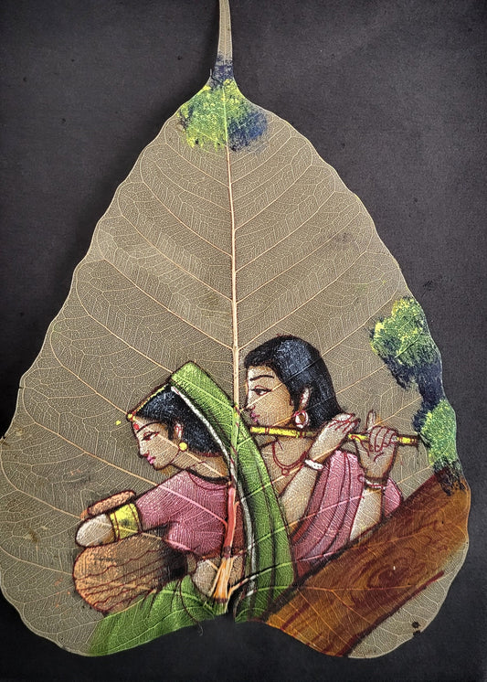 Eternal Dance of Love - Radha Krishna Ras Leela Painting-Pipal Leaf Art-Handmade Leaf Painting- Lord Krishna Painting (9*6.5 inch)(Unframed)