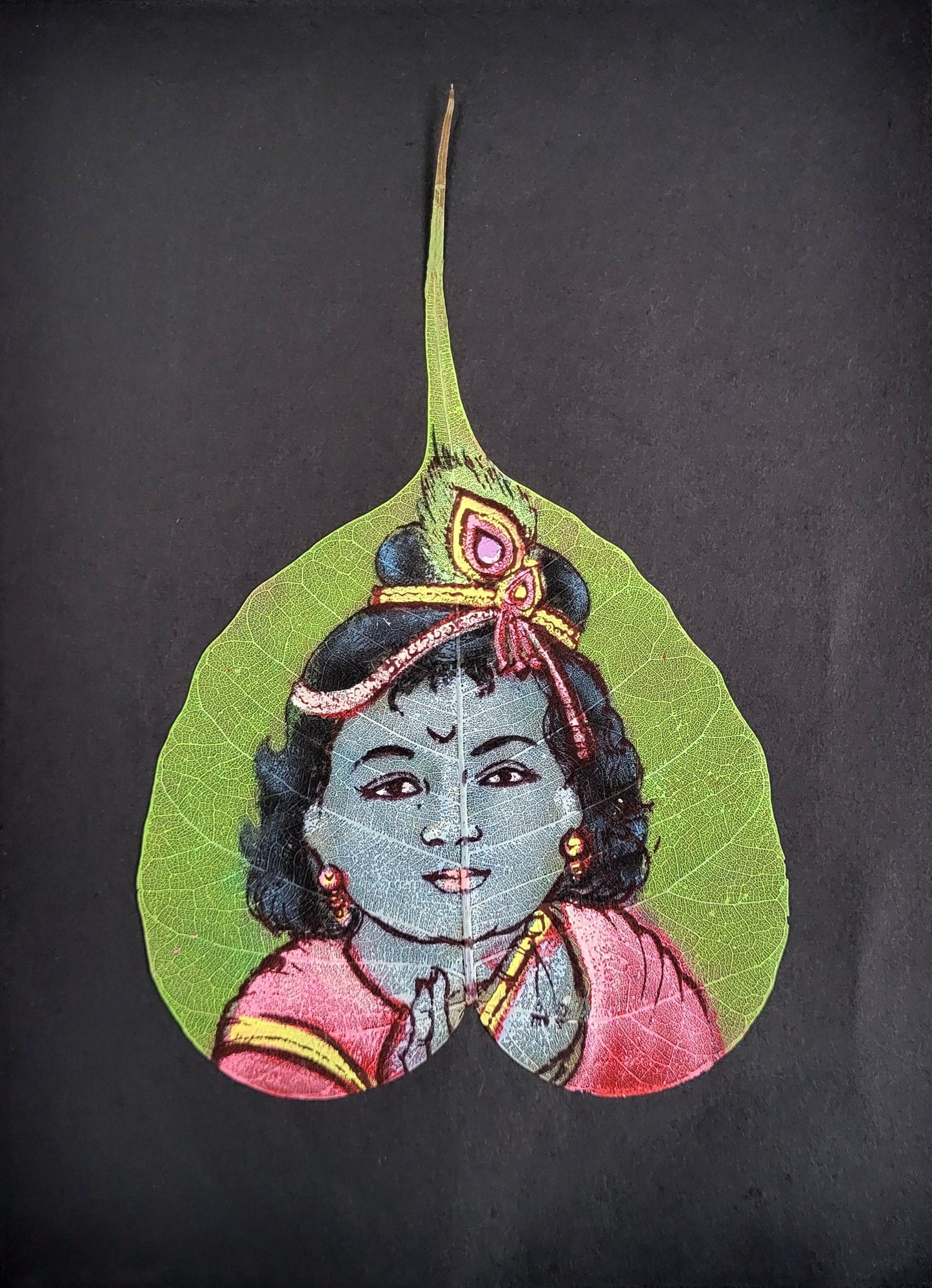 Krishna_Leaf_Art,Handcrafted_Painting,Divine_Melodies,Natural_Leaf_Canvas,Spiritual_Aura,Folk_Art,Vibrant_Wall_Decor,Artisan_Craft,Unique_Wall_Art,Indian_Deity,Cosmic_Dance,indian_lord_painting,indian_heritage