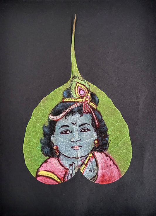 Krishna_Leaf_Art,Handcrafted_Painting,Divine_Melodies,Natural_Leaf_Canvas,Spiritual_Aura,Folk_Art,Vibrant_Wall_Decor,Artisan_Craft,Unique_Wall_Art,Indian_Deity,Cosmic_Dance,indian_lord_painting,indian_heritage