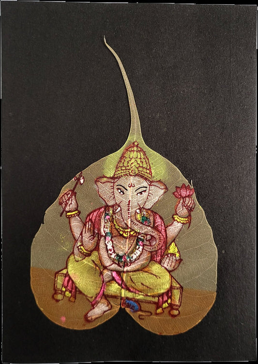 Divine Guardian - Hand-Painted Ganesh Leaf Art- Indian Leaf Painting - Pipal Leaf Art (9*6.5 inch)- Wall Decor (Unframed)