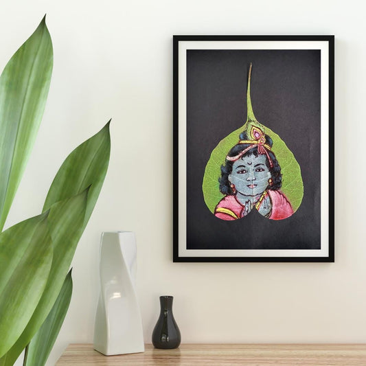 Lord Krishna Handmade Indian Leaf Painting - Pipal Leaf Art (9*6.5 inch)- Wall Decor (Unframed)