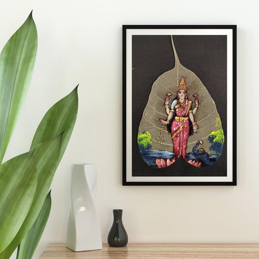 Indian Goddess Laxmi Handmade Leaf Painting - Pipal Leaf Art (9*6.5 inch)- Wall Decor (Unframed)