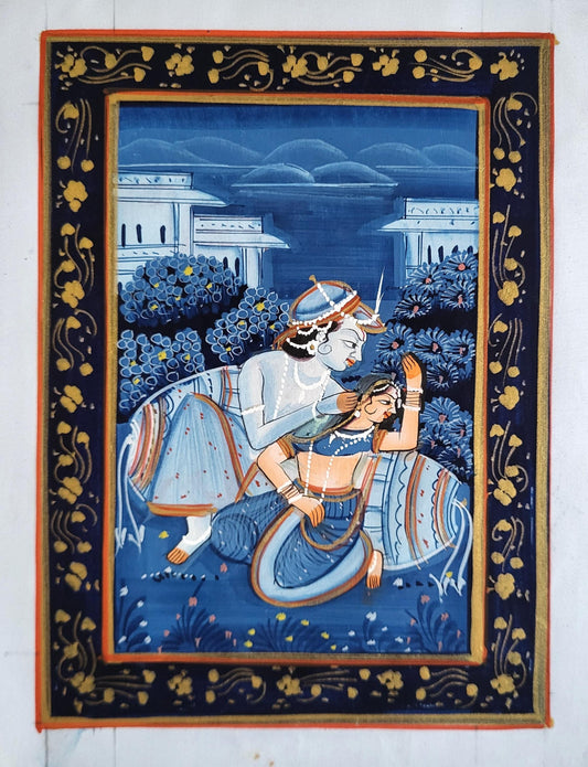 Radha_Krishna_Art,Ras_Leela_Painting,Divine_Love,Handcrafted_Artwork,Spiritual_Dance,Soulful_Expression,Eternal_Bond,Indian_Folk_Art,Romantic_Canvas,Cultural_Heritage,Indian_leaf_painting,Pipal_leaf_art,miniature_painting