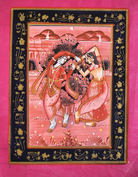 Eternal Dance of Love - Radha Krishna Ras Leela Painting-Fabric Painting- Lord Krishna Painting (9*6.5 inch)(Unframed)